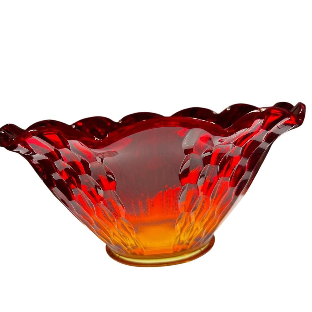 Rare Viking Fayette Amberina Bowl Ruffled Rim Persimmon Orange GLOWS